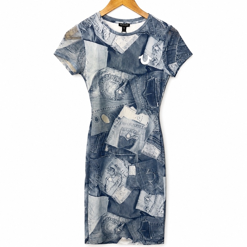 True Religion Denim‎ Print Mesh Lined Midi Dress Blue AOP Bodycon S NEW 90s Y2K